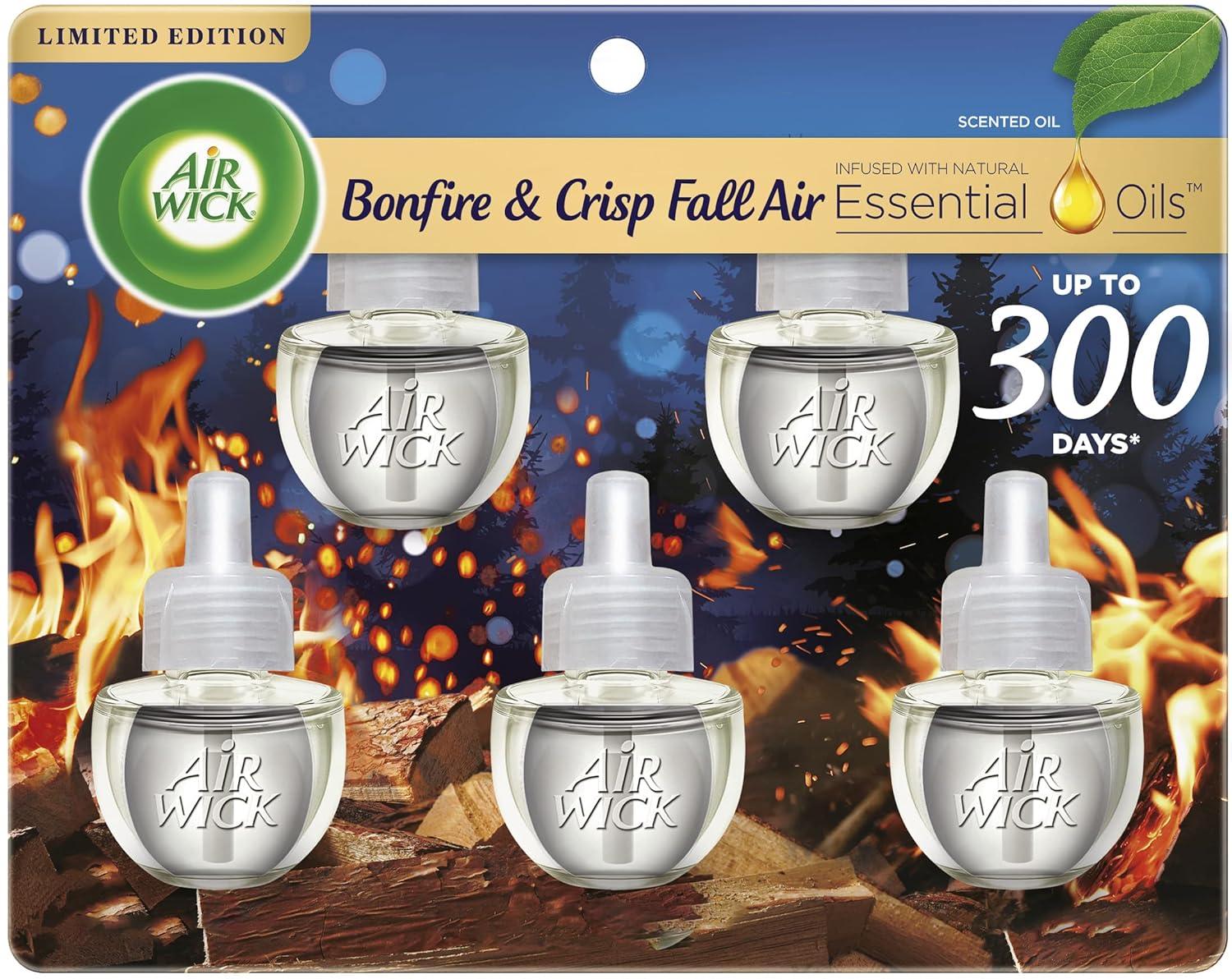 Air Wick Plug in Scented Oil 5 Refills, Bonfire and Crisp Fall Air, Essential Oils, Air Freshener Fall Scent, Fall dÃ©cor