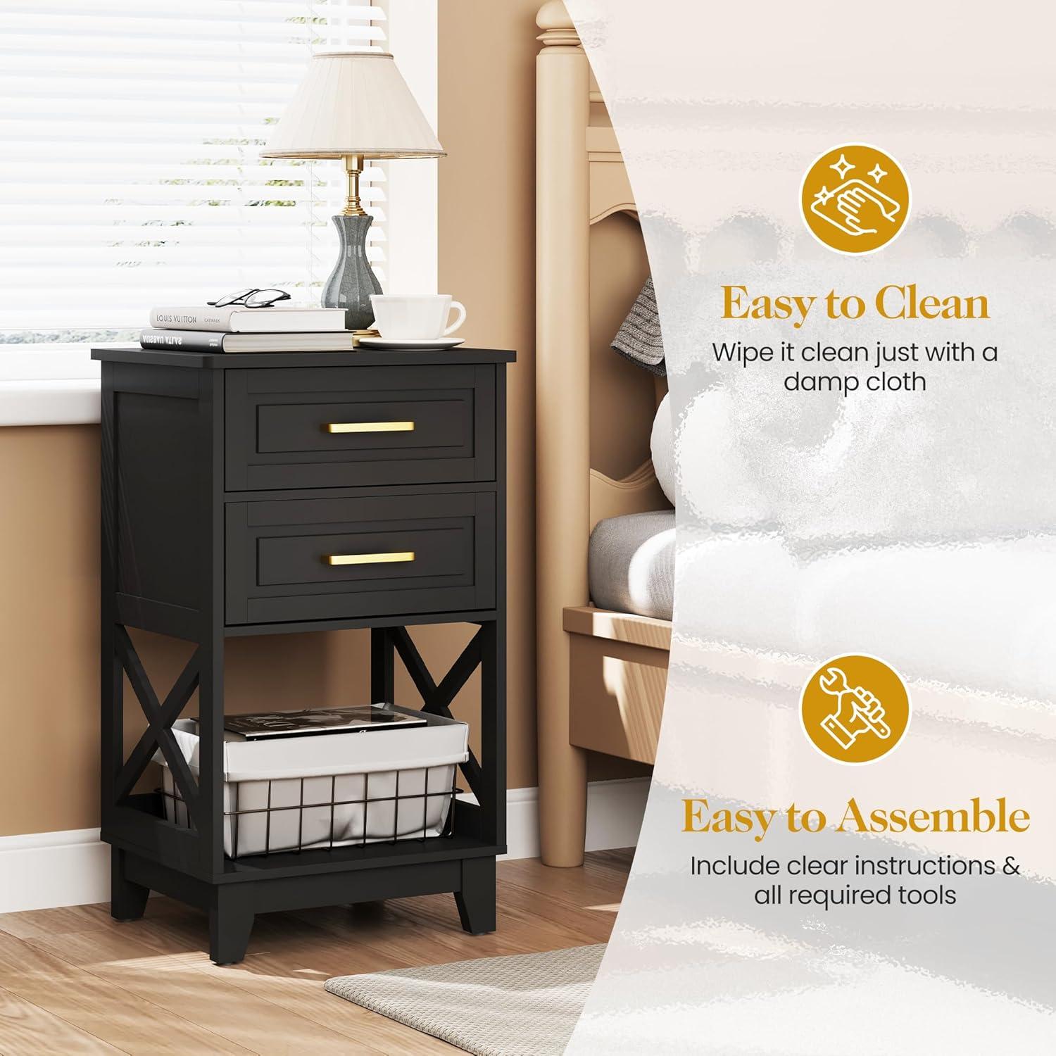 RoyalCraft Tall Nightstand Set of 2, Side Table with 2 Drawers and Open Shelf Below, Bedside Table with Solid Feet, Modern Night Stand End Table for Bedroom, Living Room, Home Office, Black