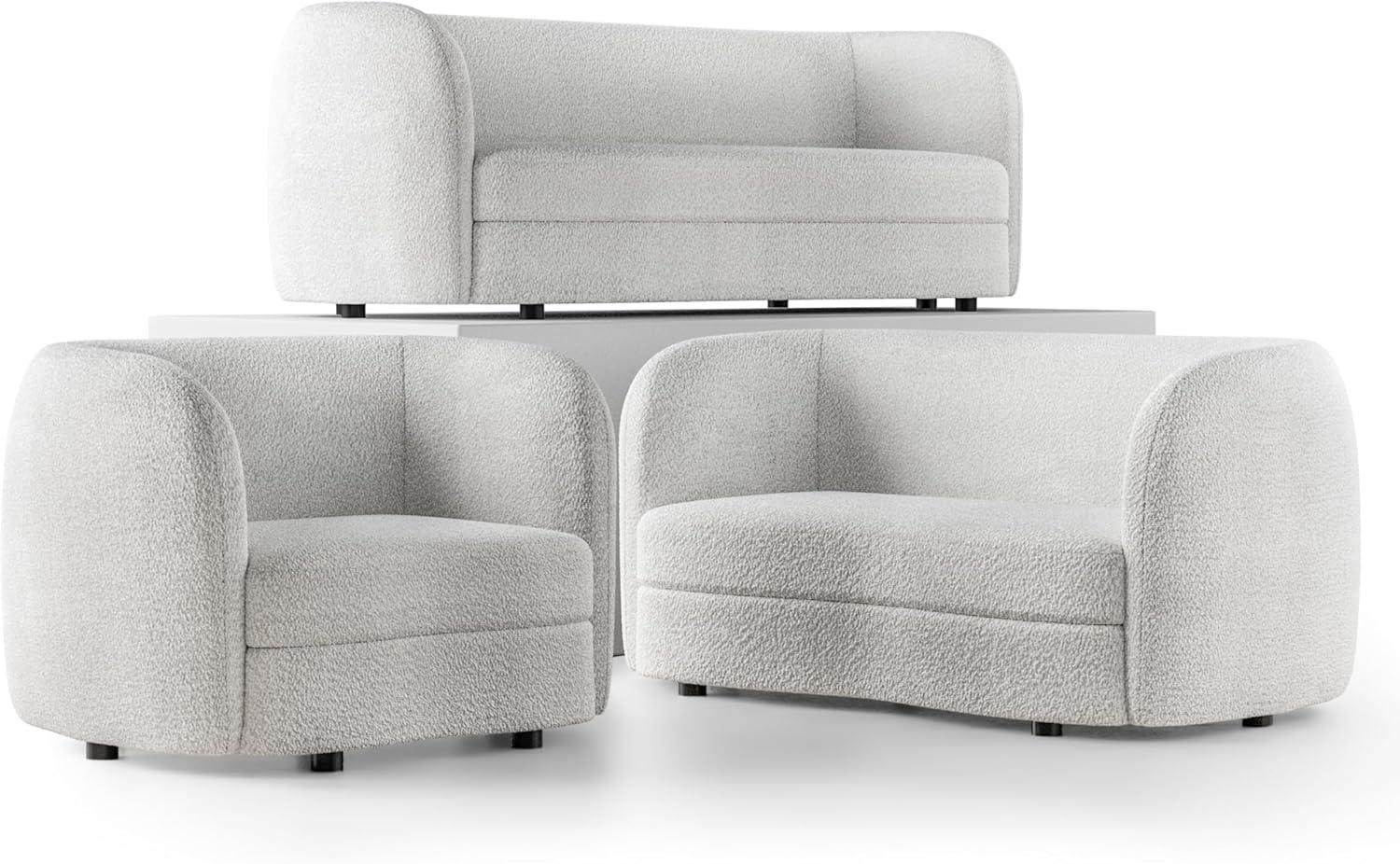 Off-White Boucle Fabric 3-Piece Sofa Set with Wooden Legs