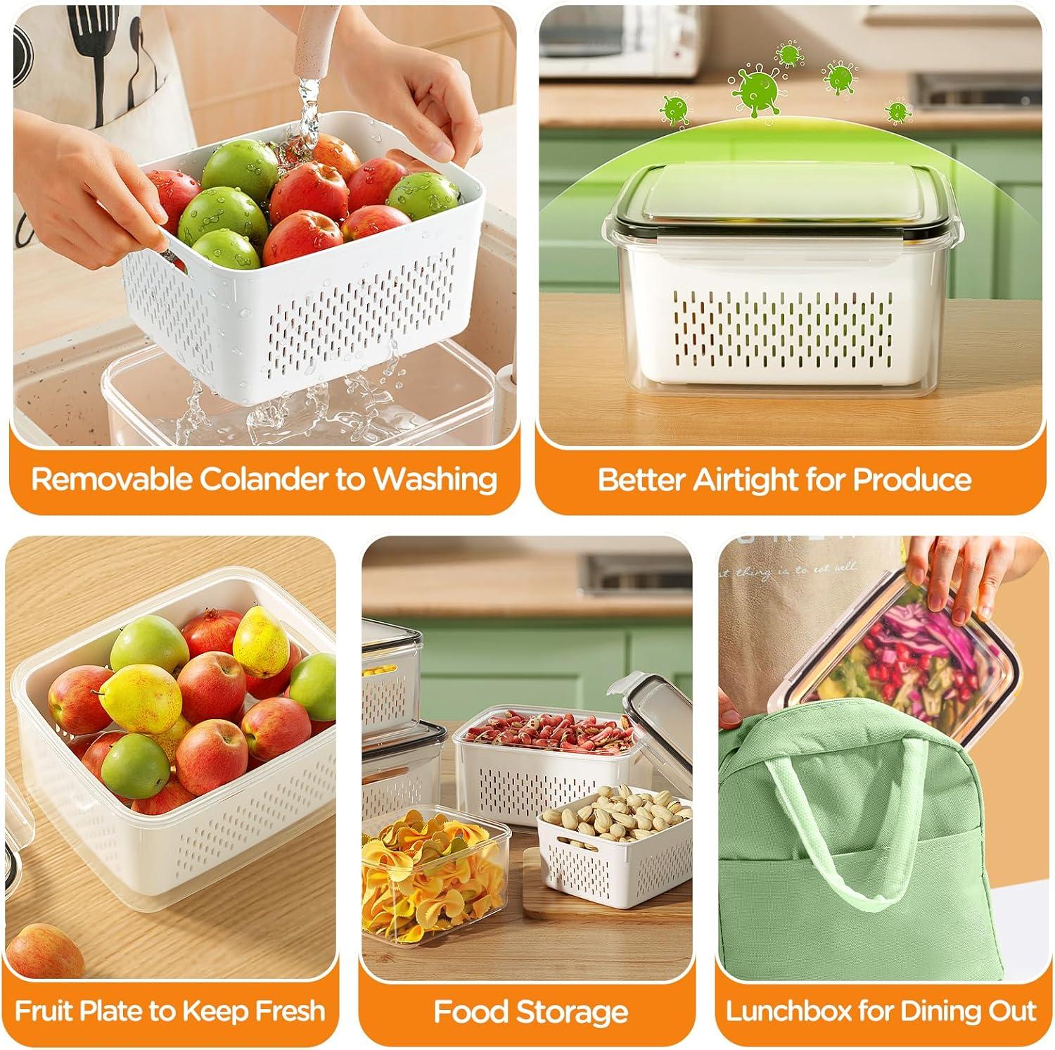 6 PCS Large Fruit Containers for Fridge - Leakproof Food Storage Containers with Removable Colander - Dishwasher & Microwave Safe Produce Containers Keep Fruits, Vegetables, Berry, Meat Fresh longer…