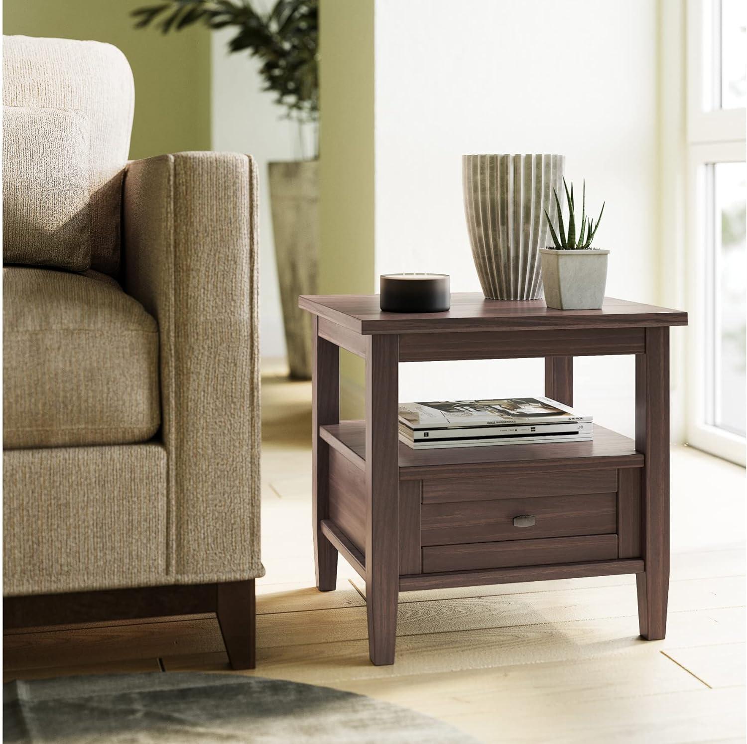 Warm Shaker Walnut Brown Solid Wood End Table with Storage