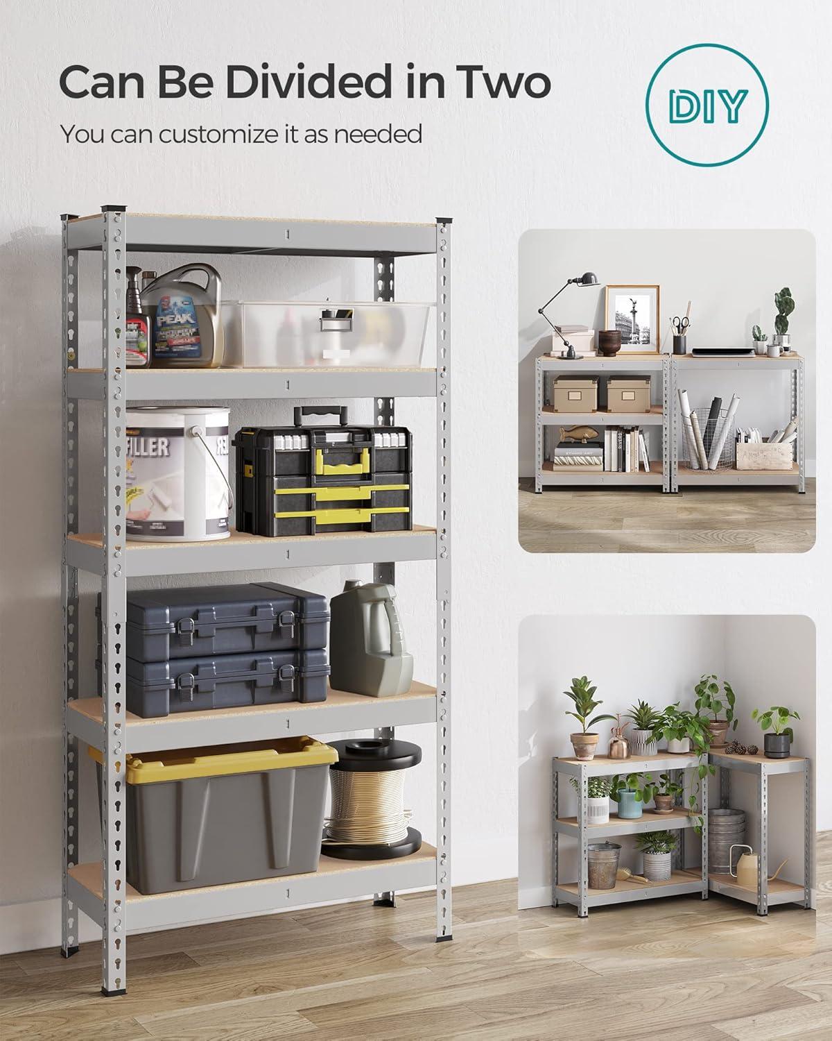 SONGMICS 5-Tier Storage Shelves Metal Garage Storage Boltless Assembly Adjustable Shelving Unit 11.8 x 29.5 x 59.1 inches Load 1929 lb for Shed Warehouse Basement Kitchen Silver