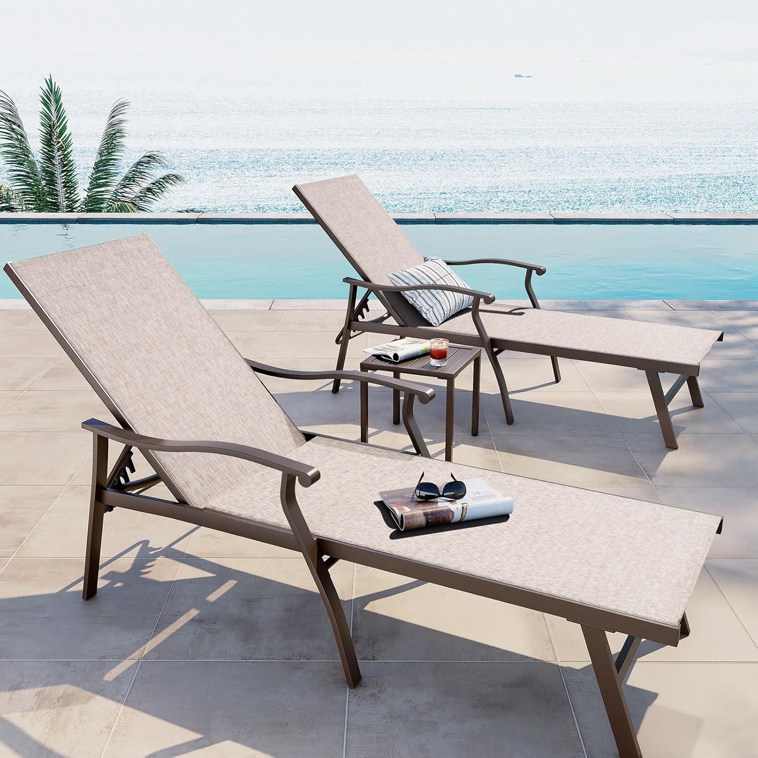 Beige Aluminum Outdoor Chaise Lounge with Armrests, Set of 2
