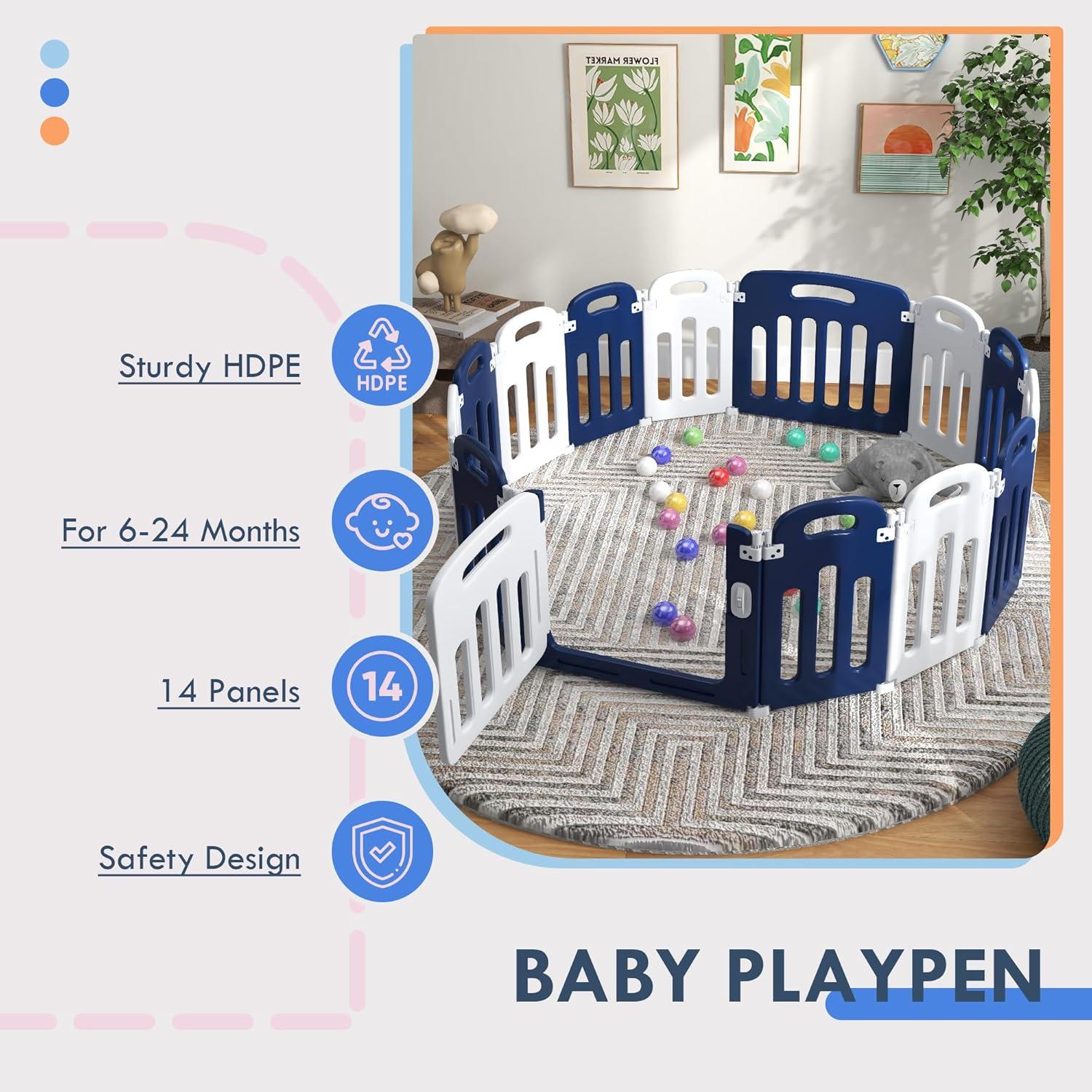 Qaba Baby Playpen, 14 Panels Sturdy Safety Play Yard for Babies and Toddlers, 57" x 57" Foldable Baby Playard, Indoor Outdoor Kids Activity Center with Anti-Slip Base