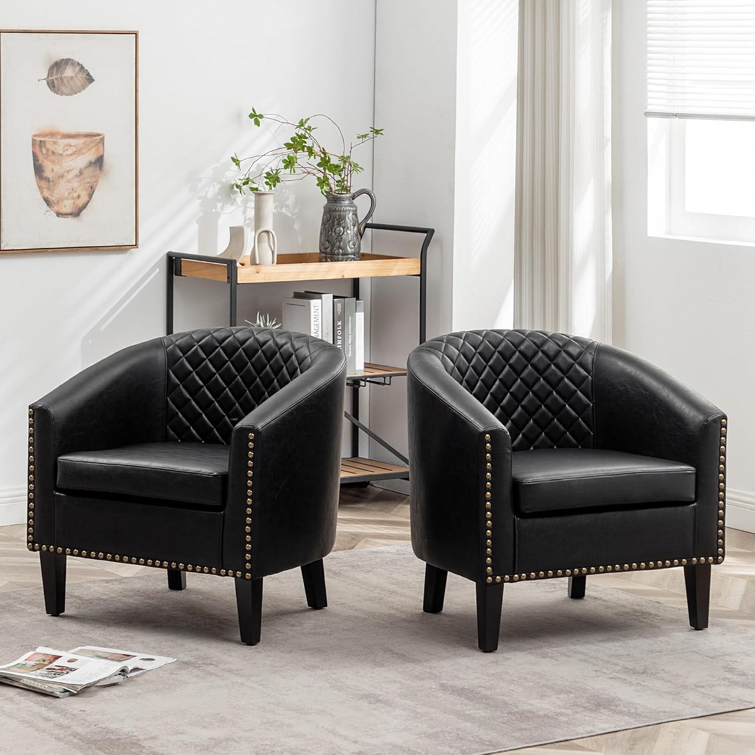 Black Faux Leather Barrel Chairs with Nailhead Trim, Set of 2