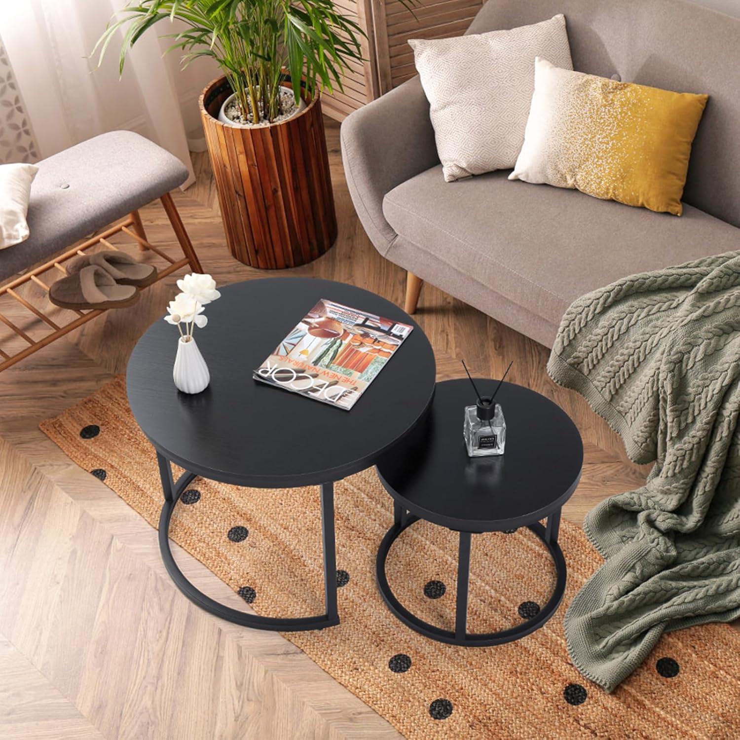 VASAGLE Round Coffee Tables, Set of 2 Nesting Tables, Modern Round Side Tables with Hidden Storage and Top Tray