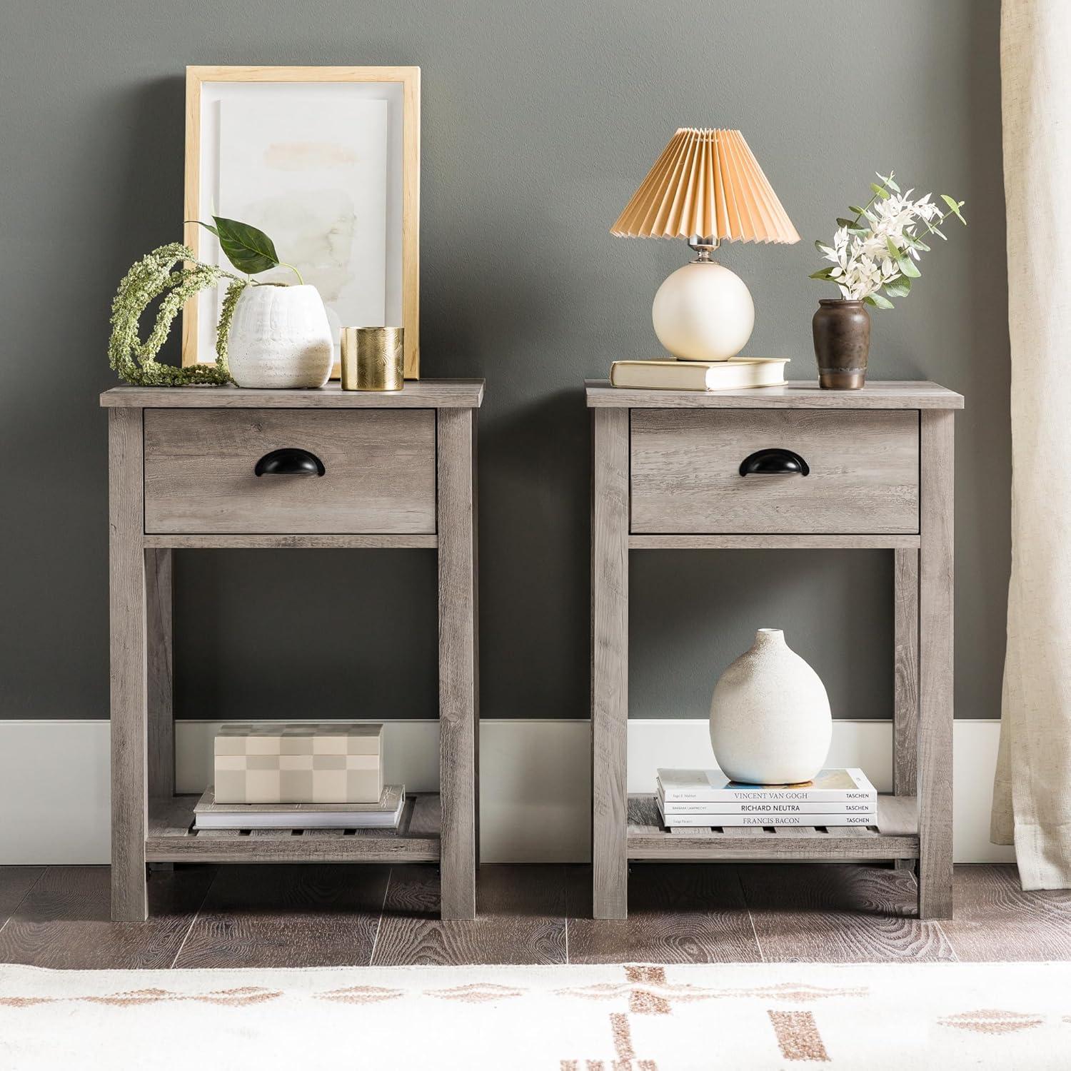 Country Farmhouse Single Drawer End Table Set in Gray Wash