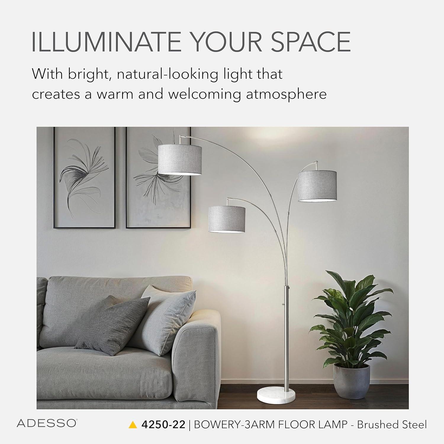 3-Arm Bowery Arc Lamp Brushed Steel - Adesso: Adjustable, Overhead Lighting with Marble Base