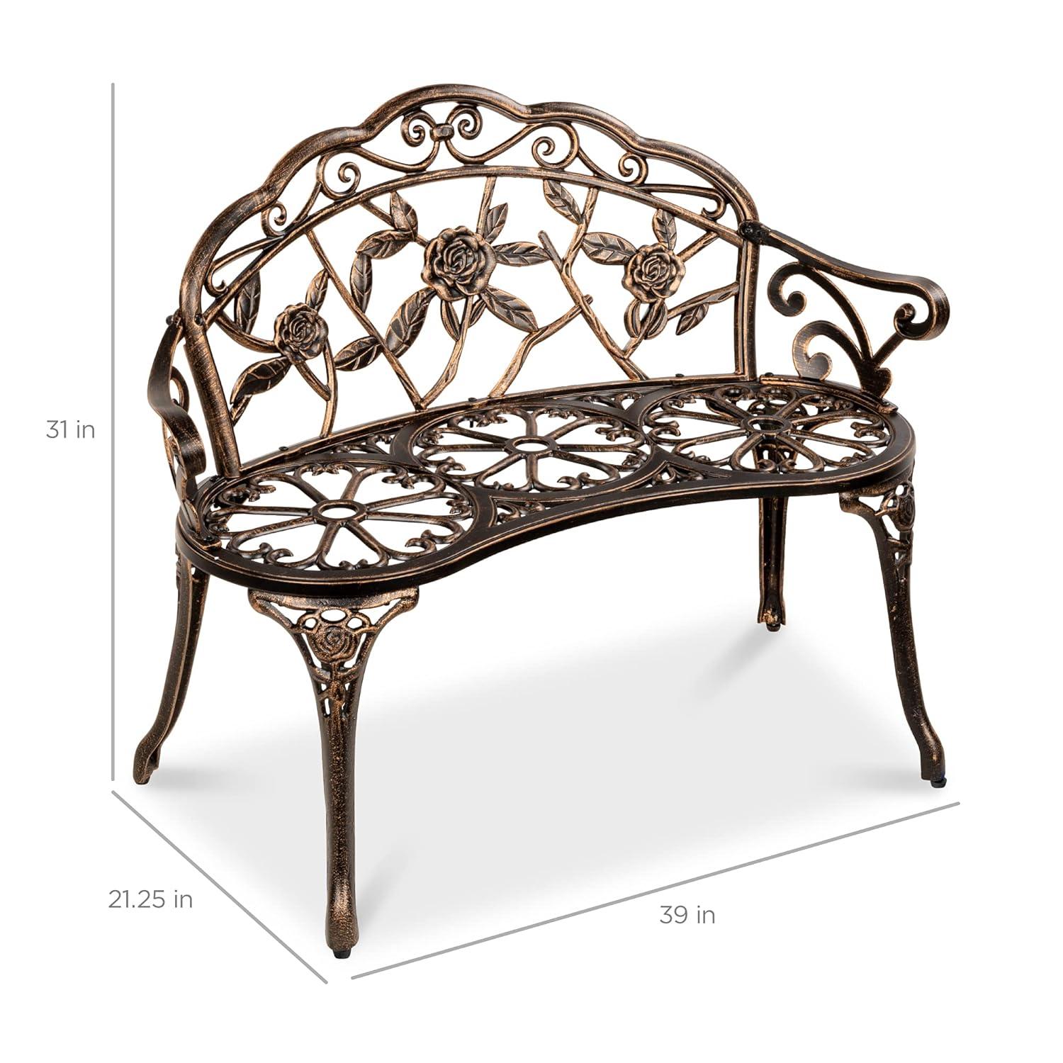 QSHIMY Patio Garden Bench Park Metal Rose Outdoor Benches, Aluminium Vintage Antique Furniture Chair Outside Benches Weather Proof Bench for Outdoor Porch, Lawn, Balcony, Backyard, Bronze