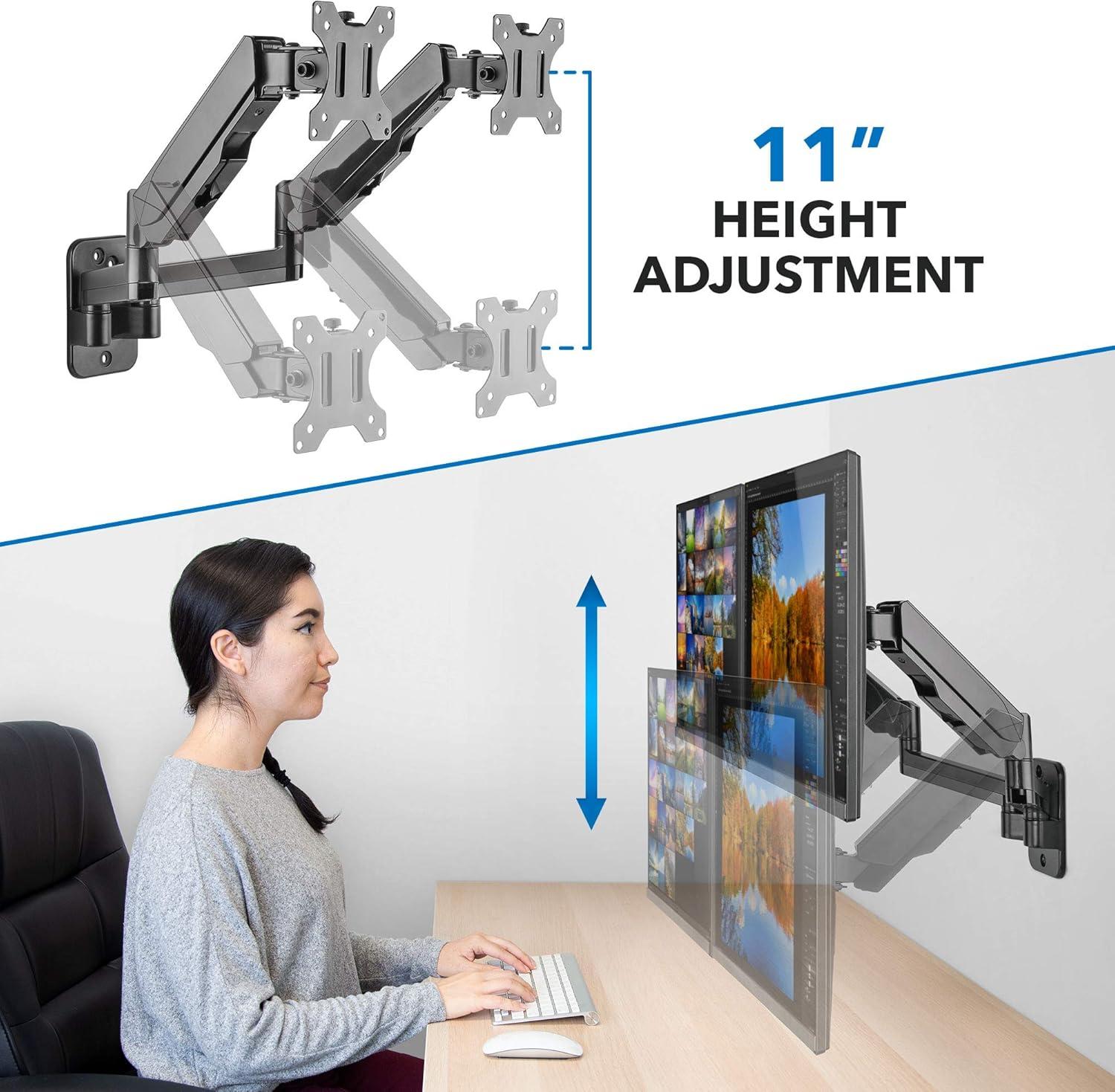 Mount-It! Height Adjustable Dual Monitor Wall Mount | Supports Monitors w/ 75x75mm and 100x100mm VESA Patterns & Screens 17" to 32" | Cable Management