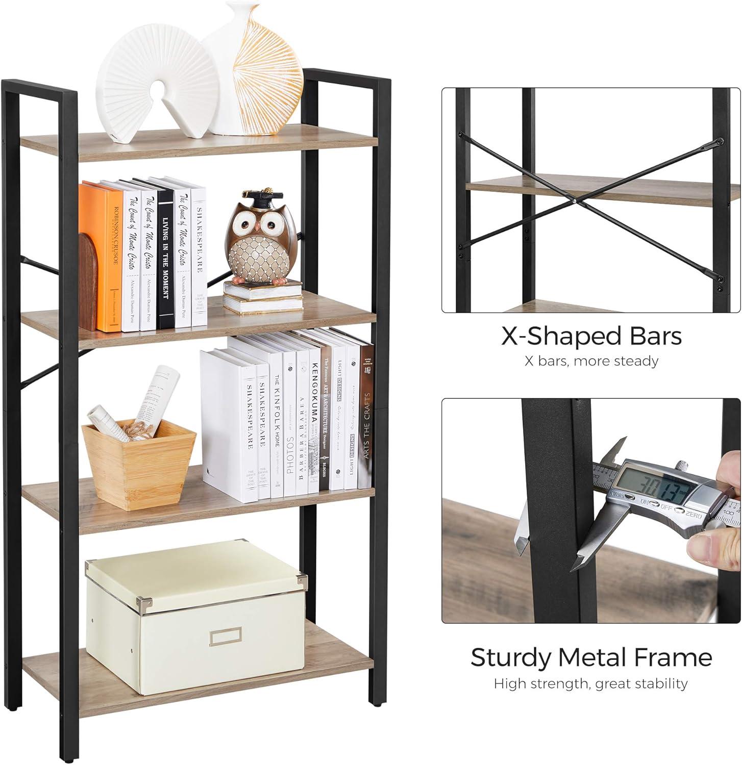 Greige and Black 4-Tier Industrial Bookshelf with Steel Frame