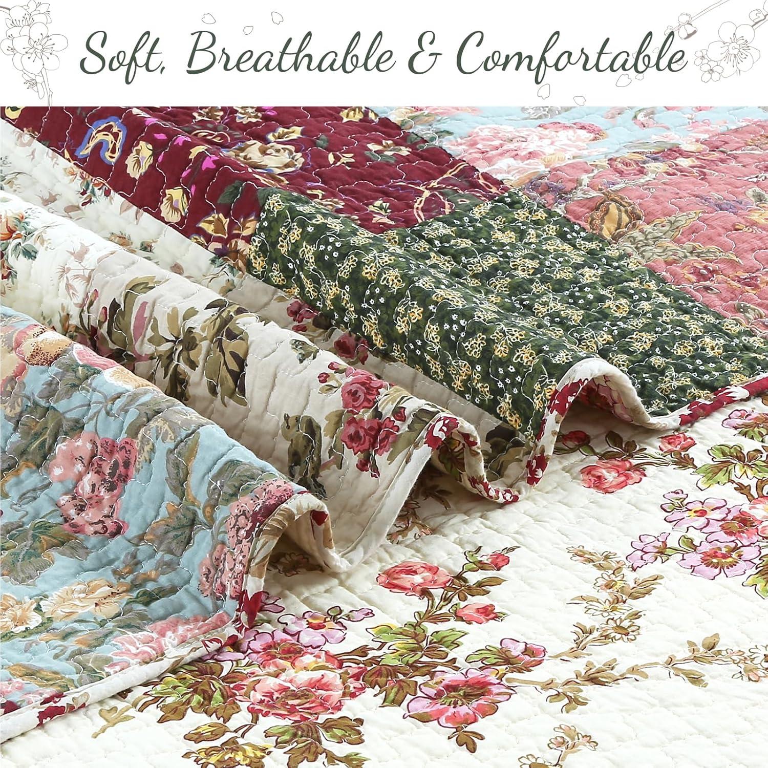 Country Vintage Farmhouse Multicolor Floral Paisley Patchwork Cotton Queen 3 Piece Quilt Bedding Set