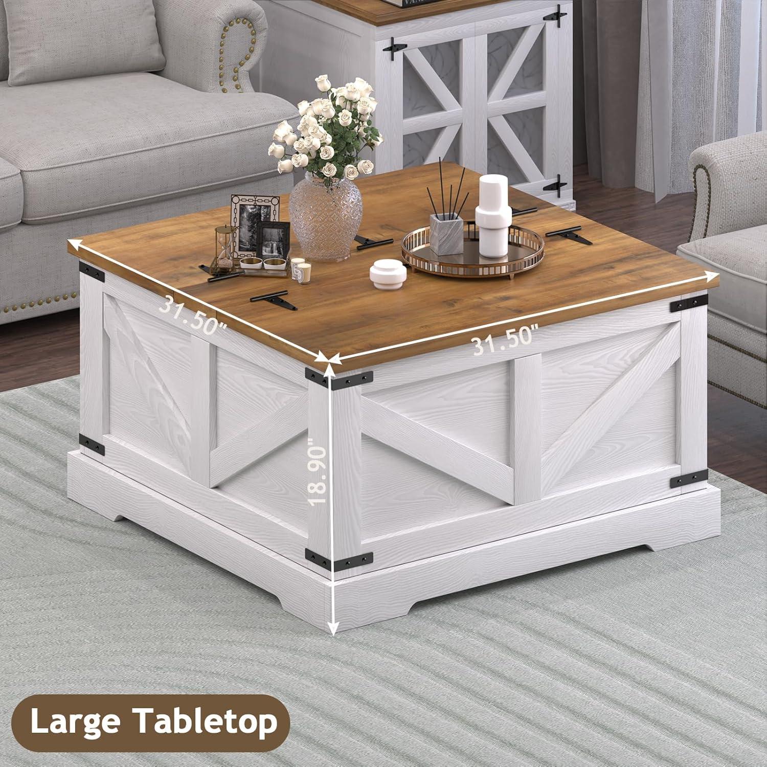 White and Brown Square Lift-Top Coffee Table with Storage