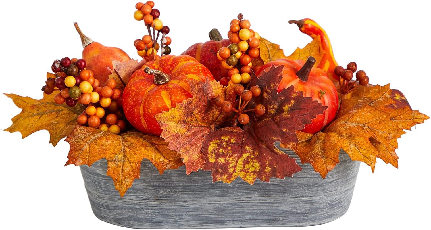 Nearly Natural 12-in Fall Pumpkin and Berries Autumn Harvest Artificial Arrangement in Washed Vase