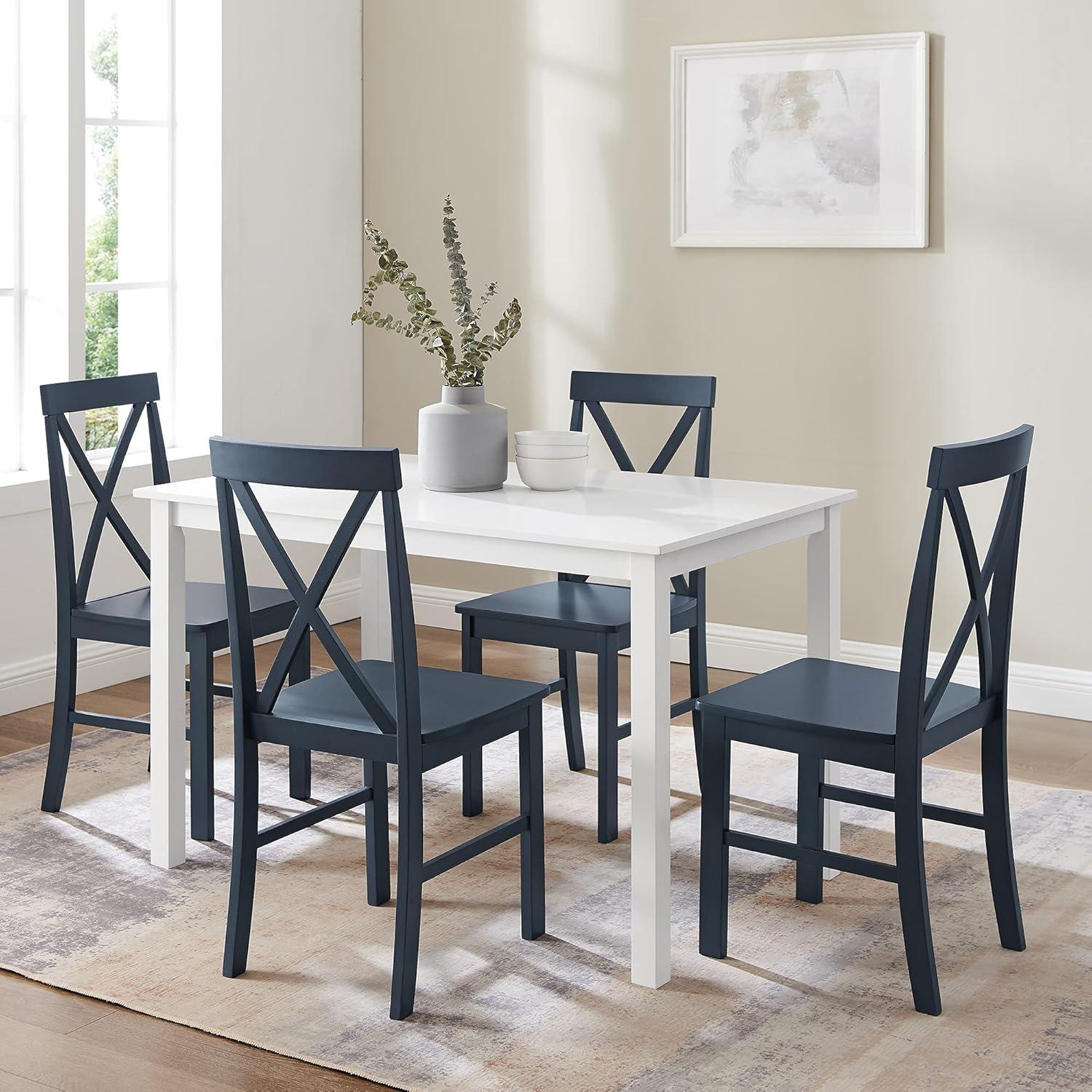 White and Navy X-Back Farmhouse Dining Set with 4 Chairs