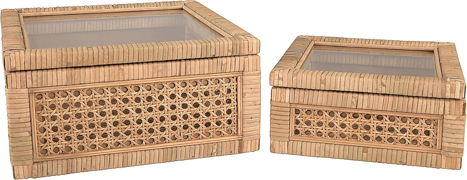 Creative Co-Op Cane and Rattan Display Boxes with Glass Lid, Set of 2