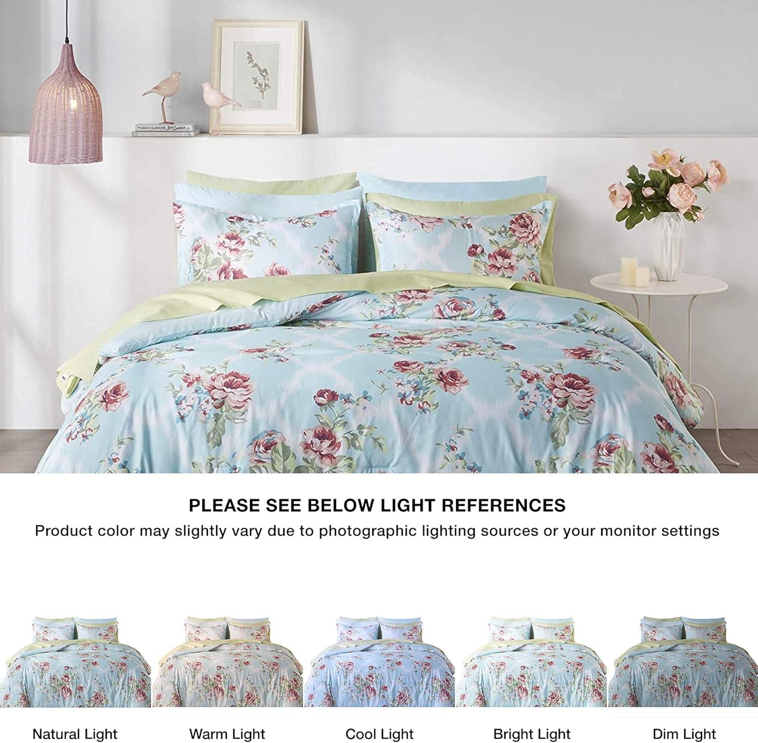 Comfort Spaces 9-Piece Floral Queen Size Bed in a Bag Comforter Bedding Sets with Sheets and Side Pockets , Blue/Red