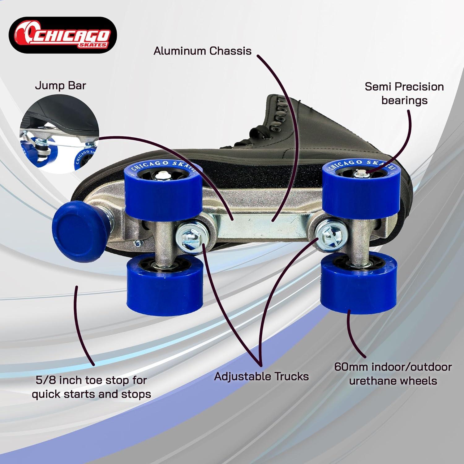 CHICAGO Skates Premium Black Quad Roller Skates for Boys and Men Beginners Classic Adjustable High-Top Design for Indoor or Outdoor Skates and Roller Derby
