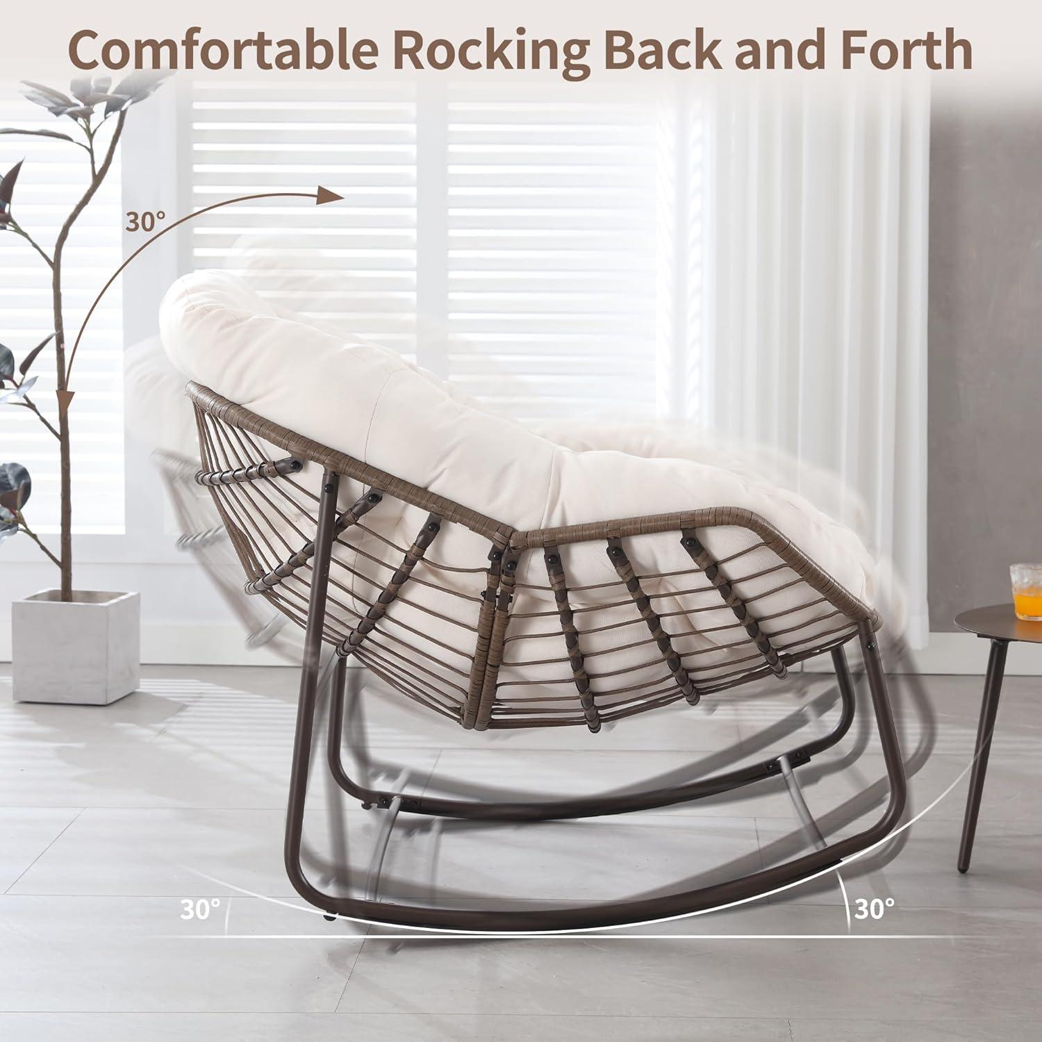 Outdoor Papasan Rocking Chair - Oversized Comfy Patio Chair Set of 2 Indoor Egg Royal Double Rattan Rocking Chair with Cushion for Front Porch Lounge Lawn Bedroom (Cream)