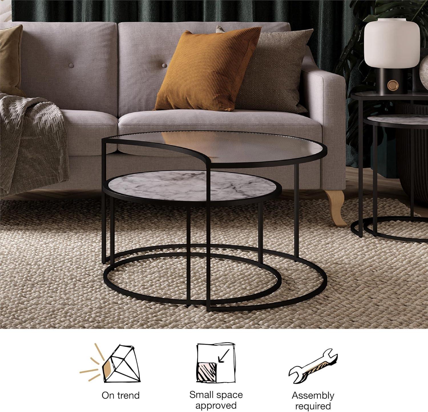 Lunar Crescent 34'' White Marble and Glass Nesting Coffee Tables