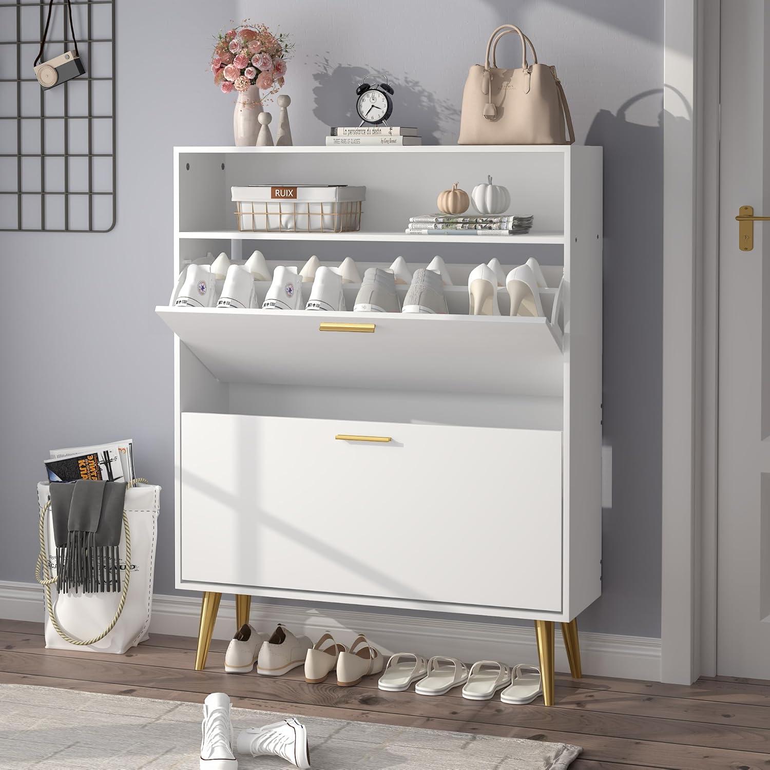 Shoe Cabinet Storage for Entryway  Freestanding Slim Shoe Organizer Cabinet with 2 Flip Drawers  Narrow Shoe Rack with Open Shelves for Hallway  Living Room  White