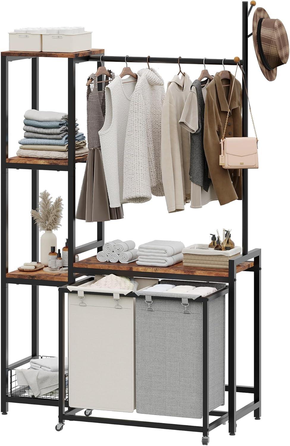 VASAGLE Clothes Rack with Laundry Hamper Removable Laundry Basket with Shelf Rustic Brown and Black