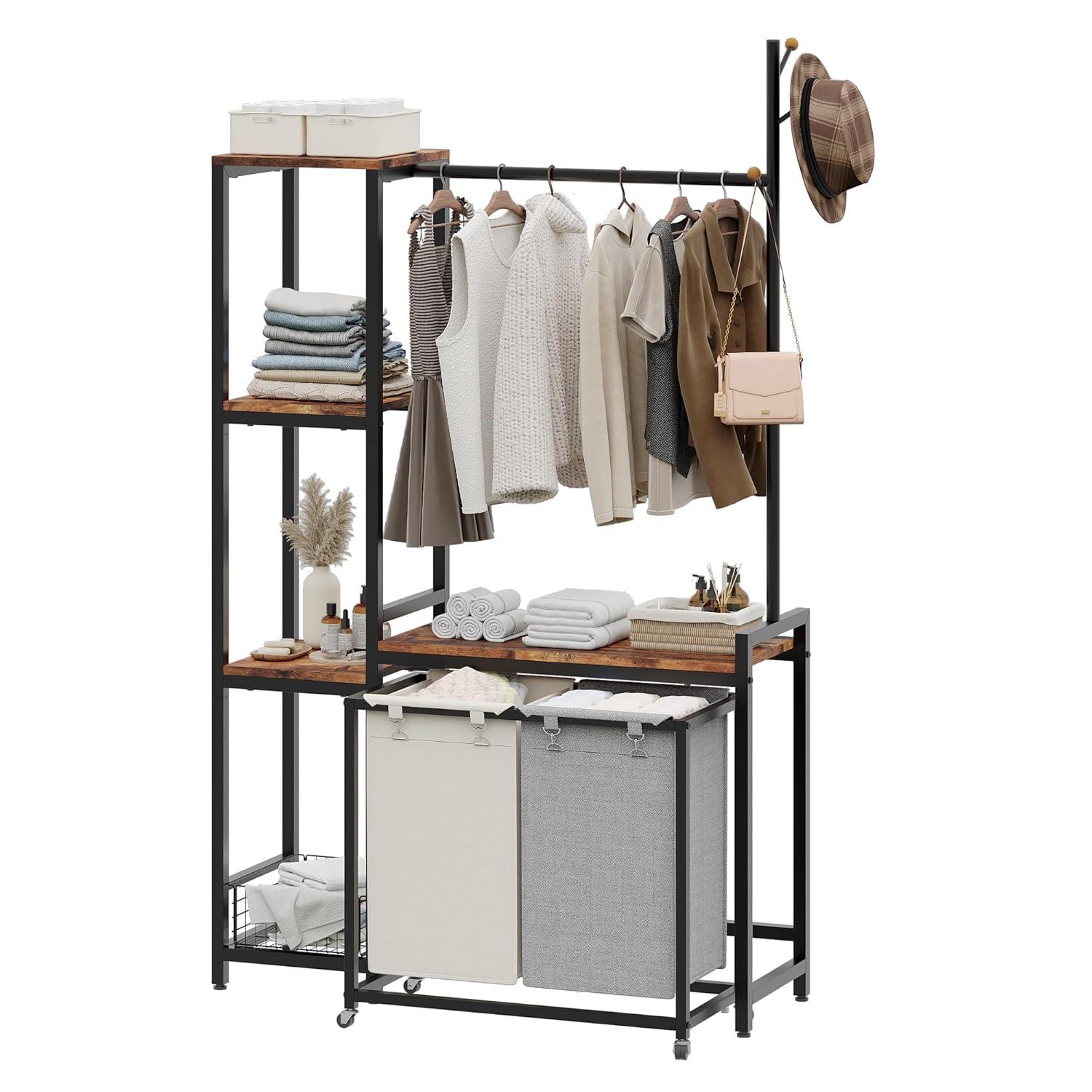 VASAGLE Clothes Rack with Laundry Hamper Removable Laundry Basket with Shelf Rustic Brown and Black