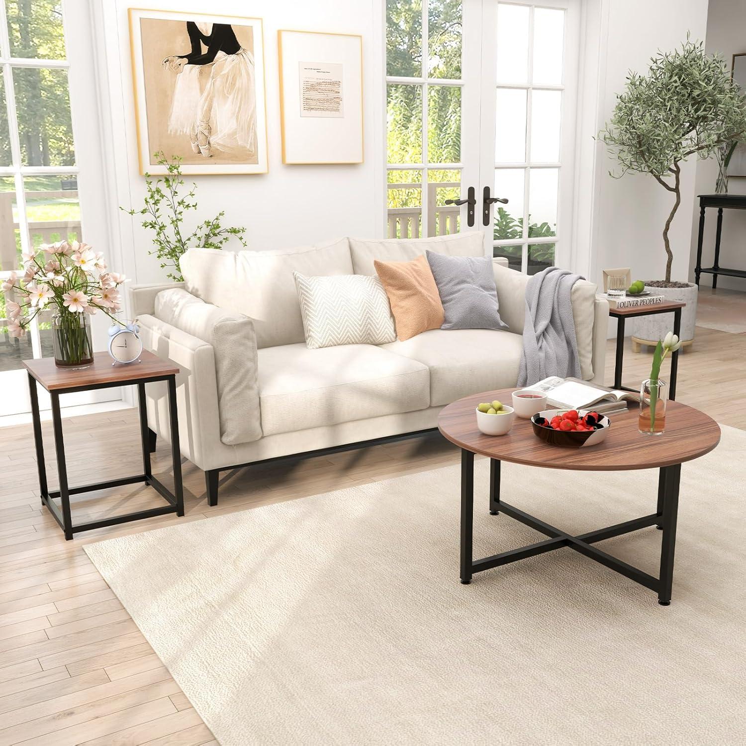 Costway 3 PCS Coffee Table Set Round Coffee Table and 2PCS Square End Tables Metal Frame White/Gray/Walnut