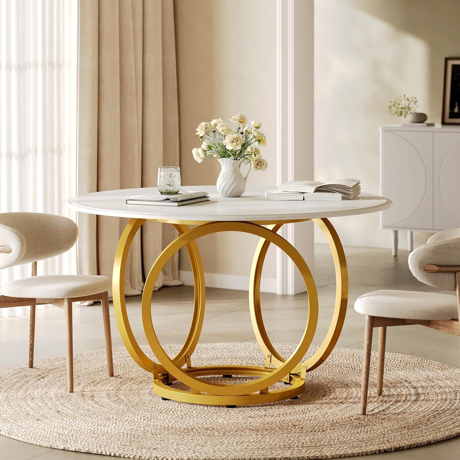 47 inch Dining Table for Dining Room, 4 People Round Dinner Table white & Gold