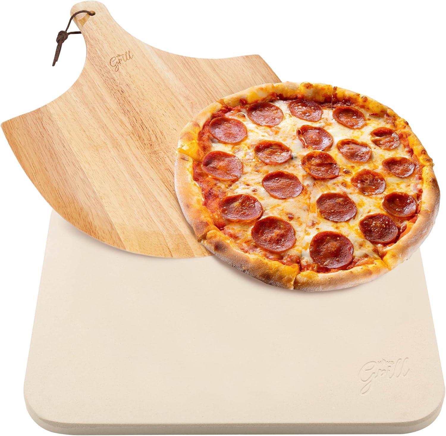 Extra Large Beige Cordierite Pizza Stone with Wooden Peel