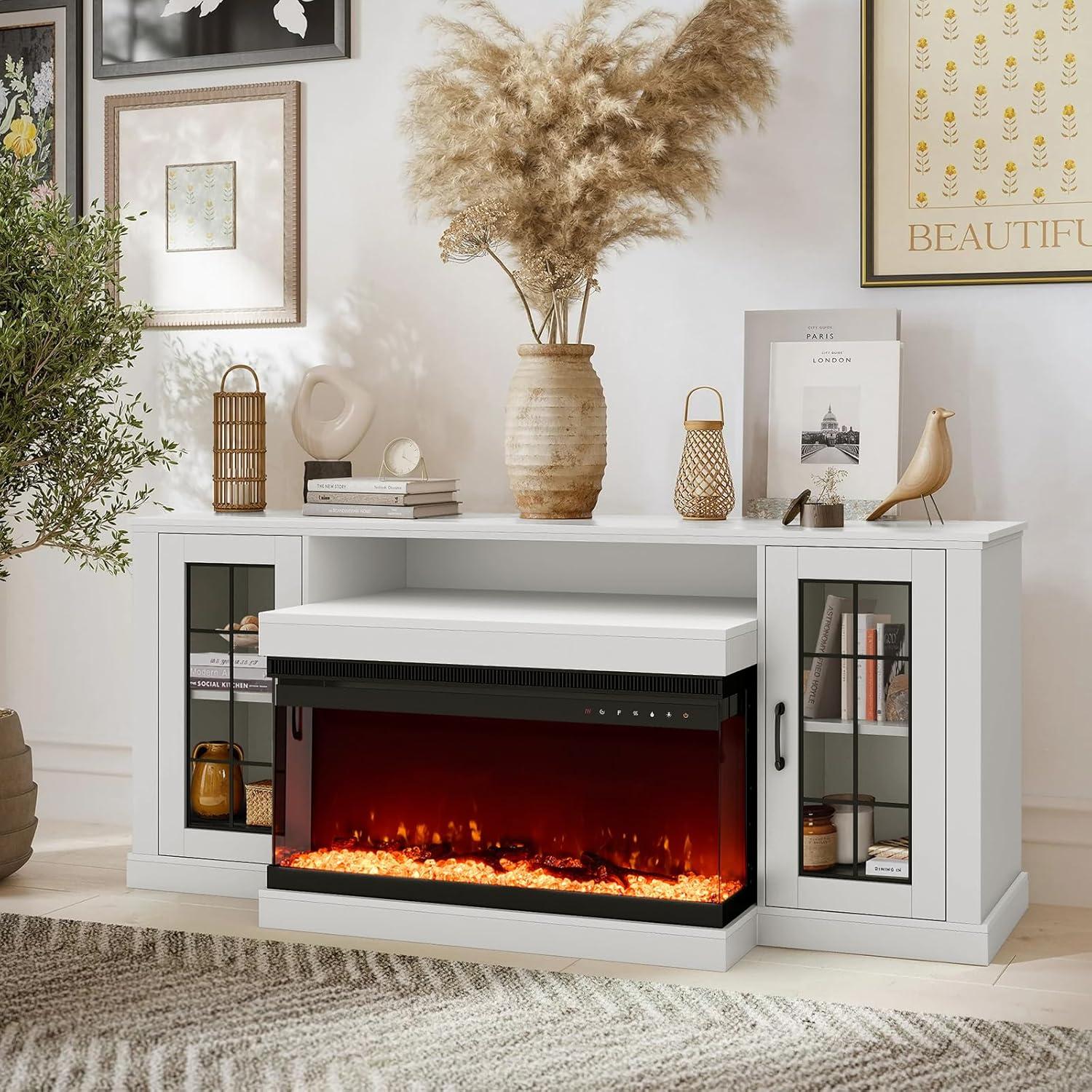 White 70'' MDF Fireplace TV Stand with Glass Doors