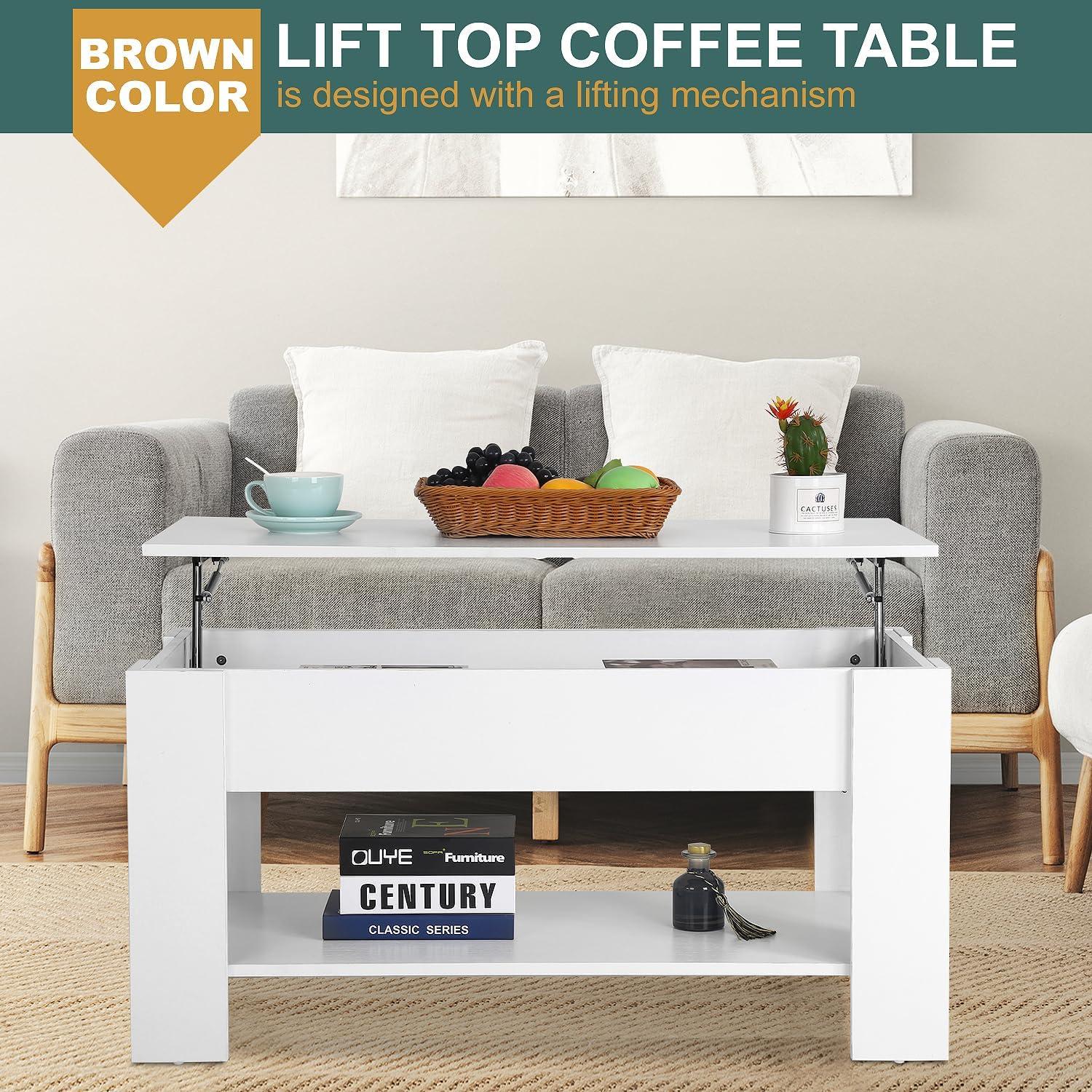 FDW Coffee Tables with Hidden Compartment and Storage Shelf Wooden Lift Tabletop Dining Table for Living Room Home (White)