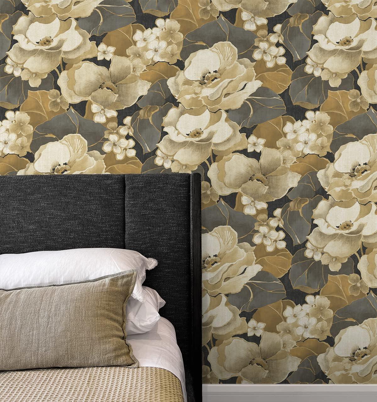 NextWall Ebony & Antique Gold Nouveau Floral Peel and Stick Wallpaper