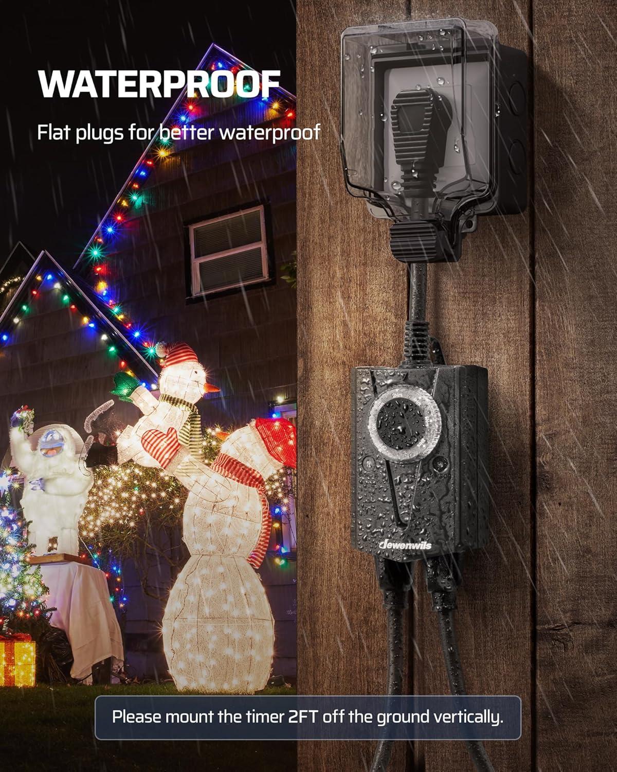 DEWENWILS Outdoor Mechanical Timer with 2 Outlets, Plug-in Christmas Light Timer, Waterproof, Electrical Outlets Timer for Holiday Decoration Lights, String Lights, 15A 1/2HP