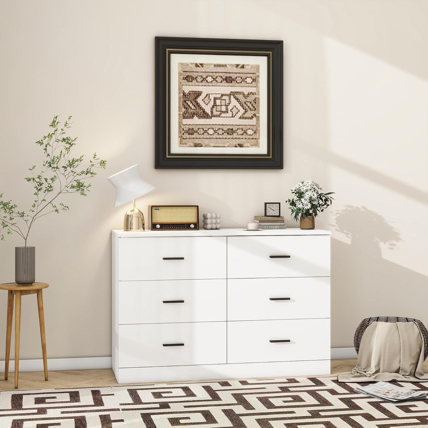 6 Drawer Dresser with Metal Handle, Wood Wide Chest of Drawers Storage Cabinet with 6 Drawers