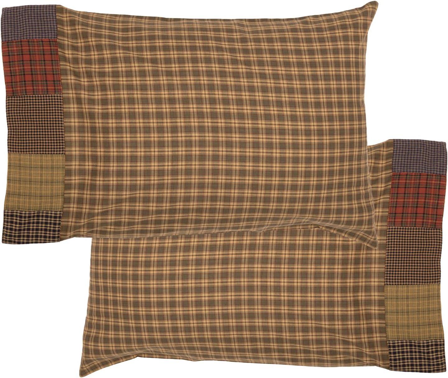 VHC Brands Ridge Plaid Cotton Rustic Bedding Patchwork Standard Pillow Case Set of 2, Cedar Green