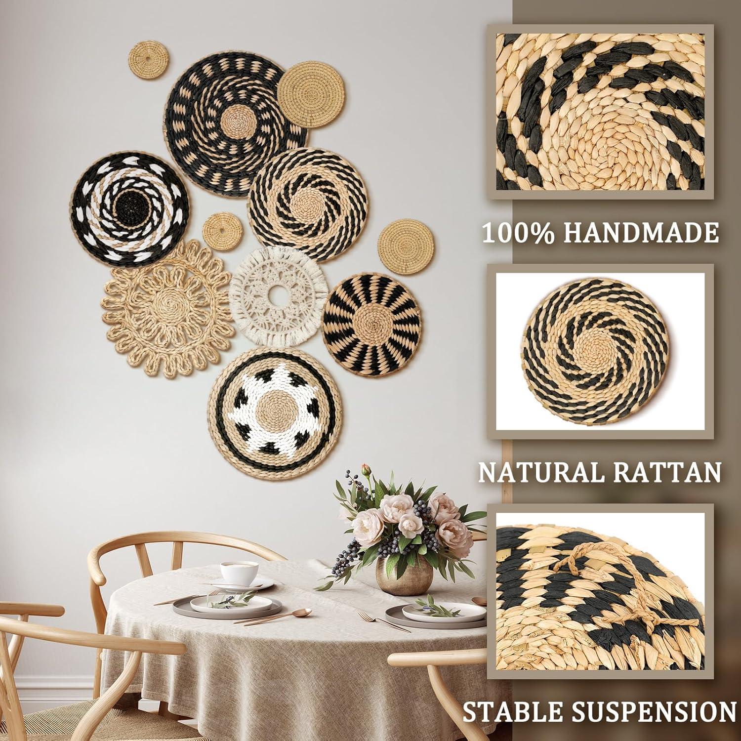 Tatuo 11 Pcs Boho Wall Basket Decor Decorative Bulrush Woven Basket Wall Decor Art Round Farmhouse Hanging Baskets for Kitchen Rustic Home Summer Decorations, Multi Sizes(Retro)