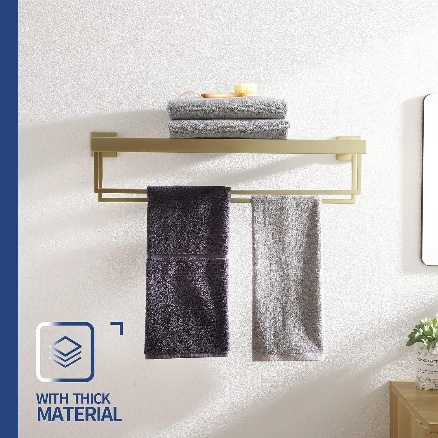 Brushed Gold Wall Mounted Double Towel Rack with Shelf