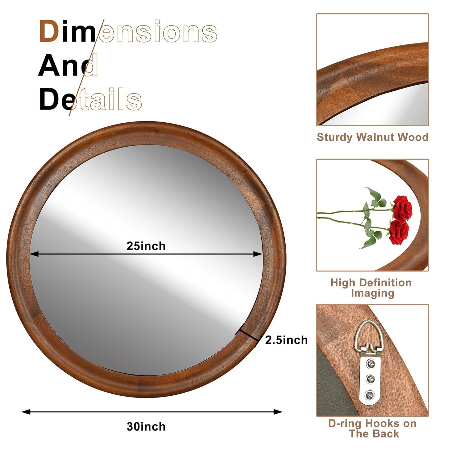 Latitude Run® Round Mirrors 30 Inch,Wood Vanity Wall Rustic Mirror With Walnut Frame, Wooden Mirror For Bathroom Bedroom Living Room Or Entryway(Walnut Brown)