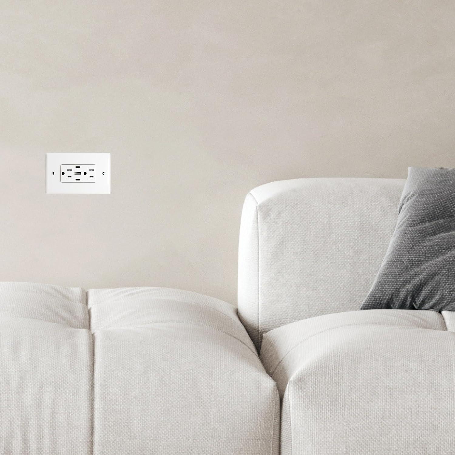 6.0A USB Outlet, 3-Port 30W Wall Outlets with 2 Type C & 1 Type A, 15 Amp Receptacle Plug, Tamper Resistant Receptacle, Standard Wall Plate Included, ETL Listed, White, 1 Pack