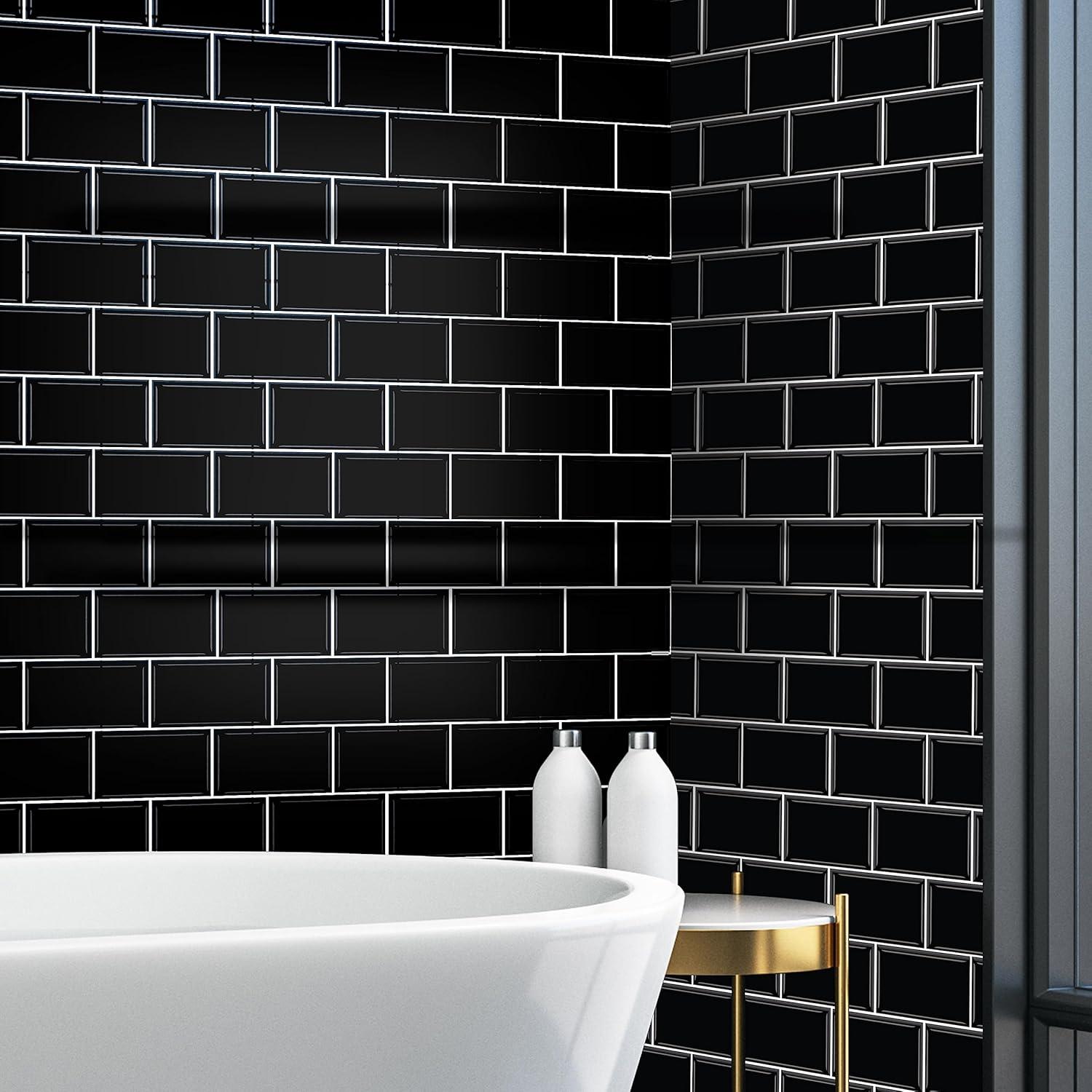 Black Glossy Peel and Stick Subway Tile Stickers