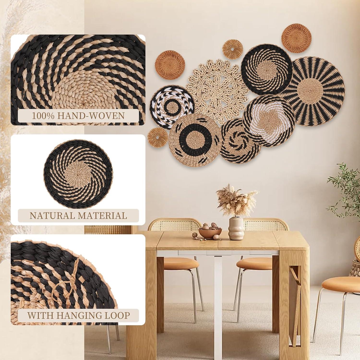 Tatuo 11 Pcs Boho Wall Basket Decor Decorative Bulrush Woven Basket Wall Decor Art Round Farmhouse Hanging Baskets for Kitchen Rustic Home Summer Decorations, Multi Sizes(Retro)