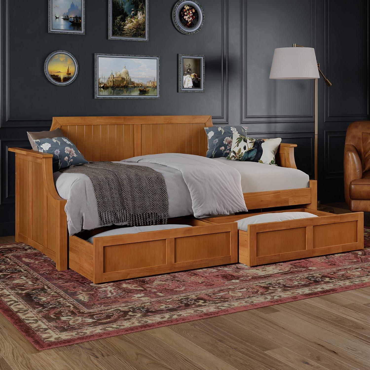 AFI Cambridge Wood Twin Size Daybed Frame with 2 Storage Drawers, Light Toffee