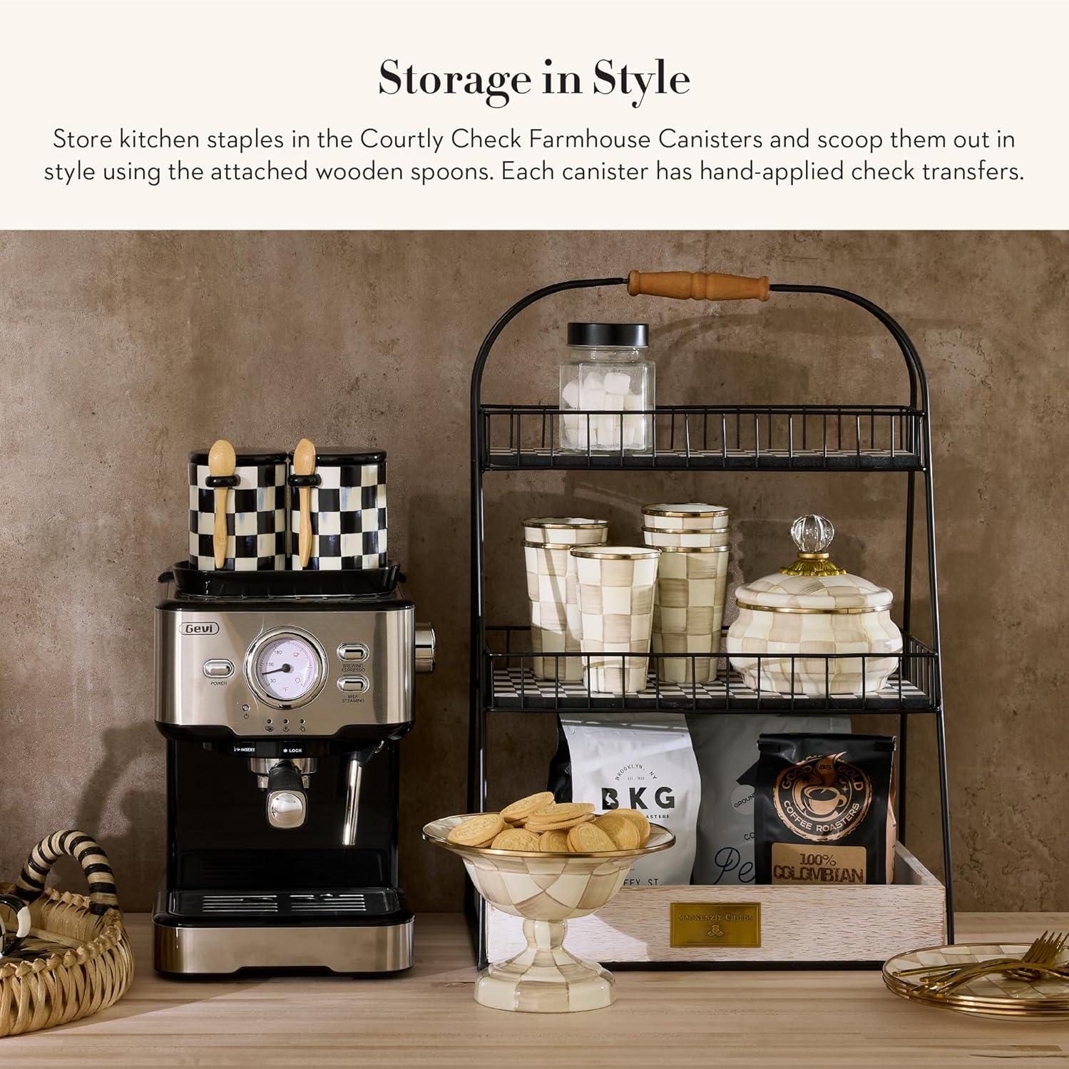 Black and White Ceramic Checkered Canister Set with Wooden Spoons