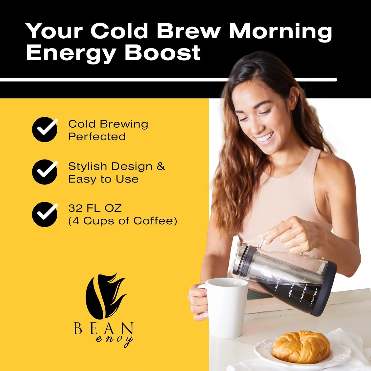 Bean Envy Cold Brew Coffee Maker - 32 oz Glass Iced Tea & Coffee Cold Brew Maker and Pitcher w/ Silicone Cap & Base