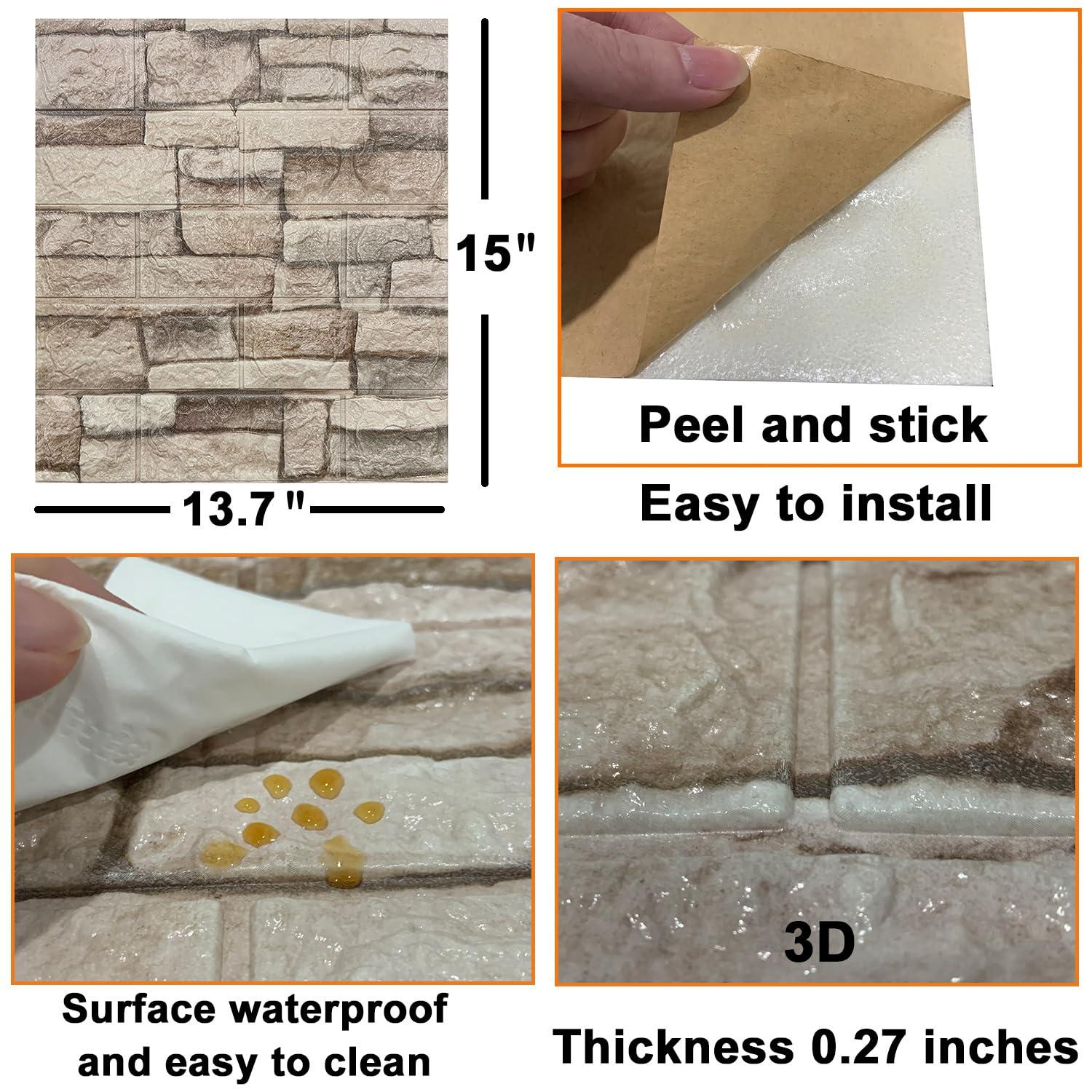 Yutianli 20PSC 3D Wall Panels Peel and Stick Faux Brick Wall Panels Self-Adhesive 3D Brick Wallpaper Foam Stone Wall Panel