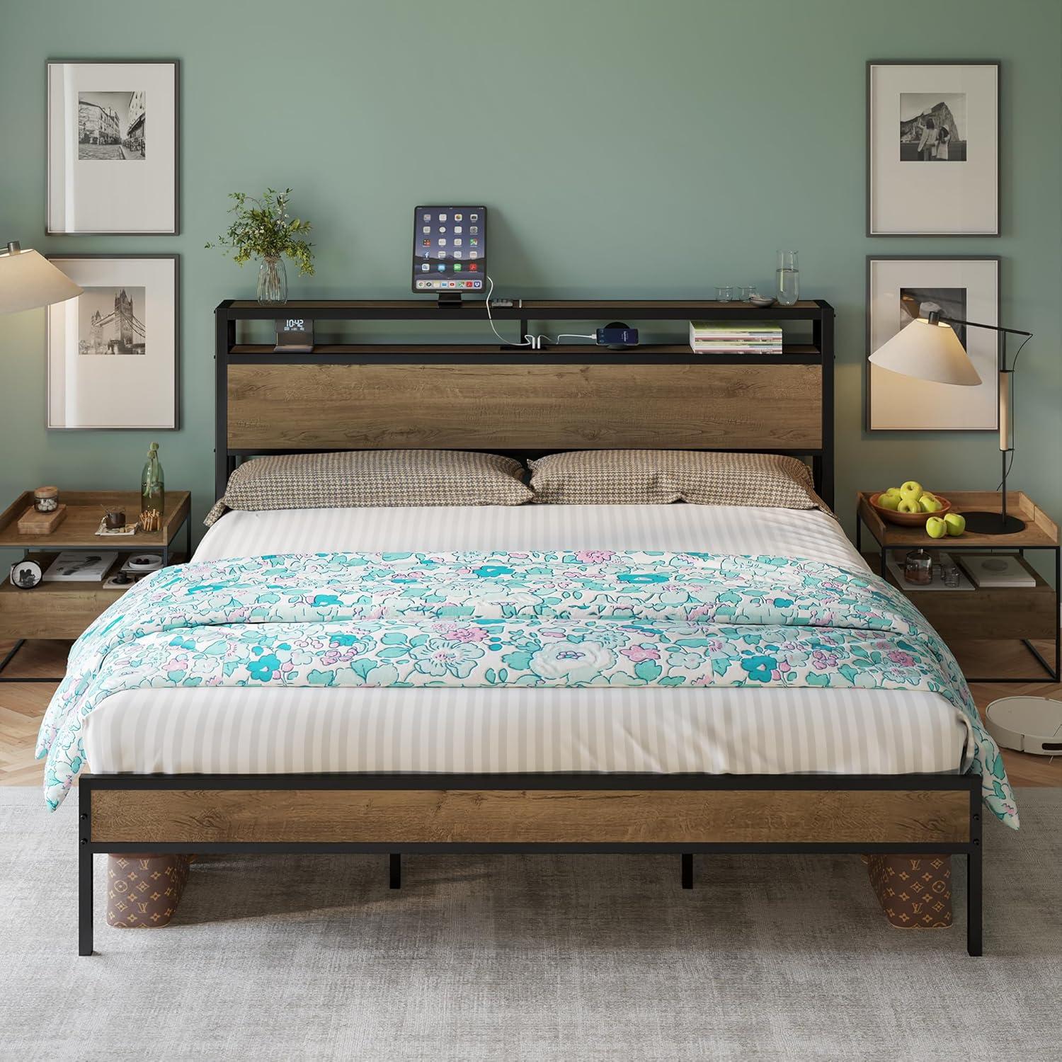 VANACC Metal Wood King Size Bed Frame with 2-Tier Storage Headboard and Charging Station, Light Brown