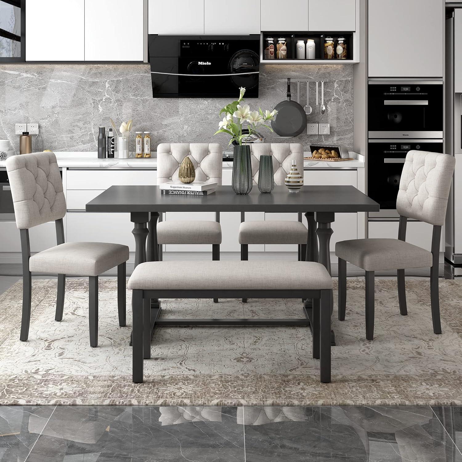 Gray Rectangular Wood Dining Set with 4 Chairs and Bench