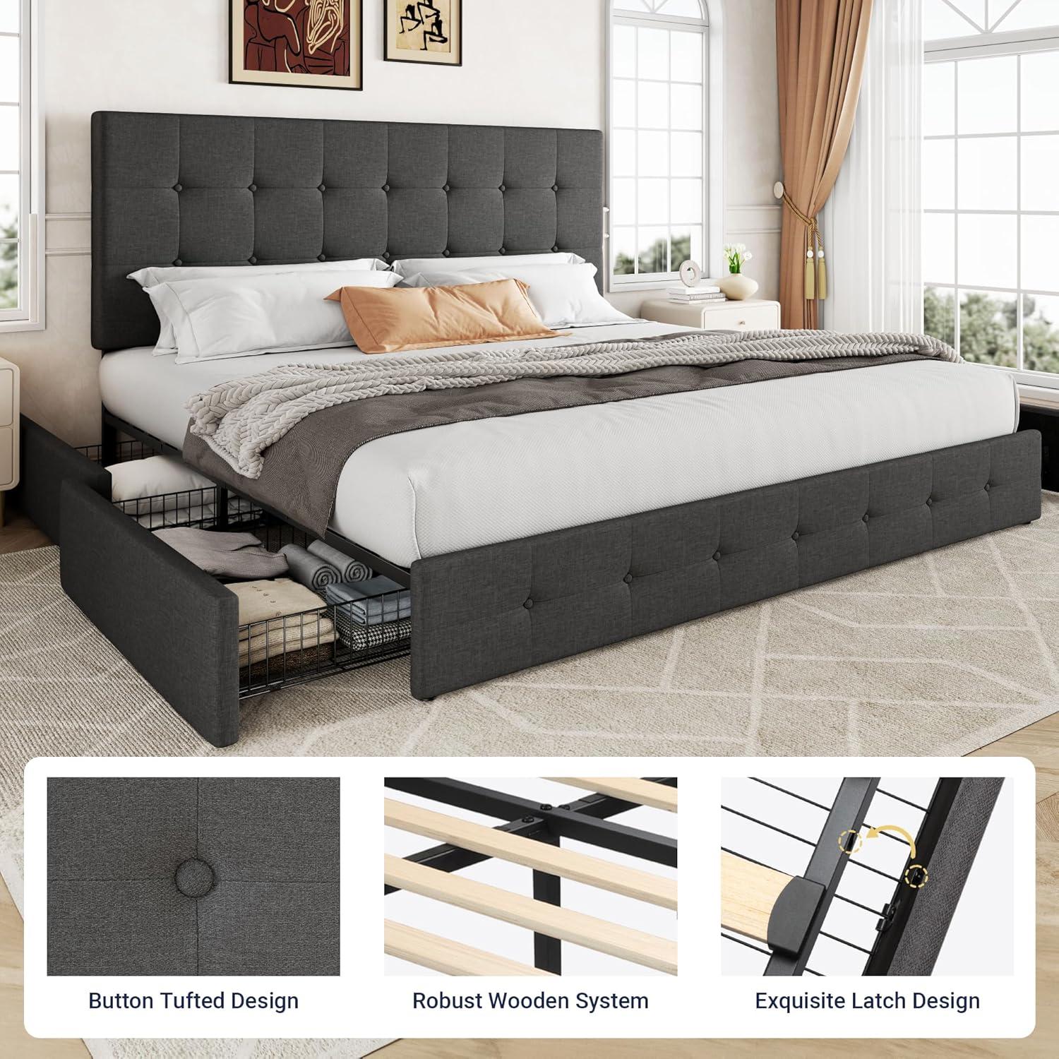 Allewie Upholstered King Size Platform Bed Frame with 4 Storage Drawers and Headboard, Square Stitched Button Tufted, Mattress Foundation with Wooden Slats Support, No Box Spring Needed, Dark Grey