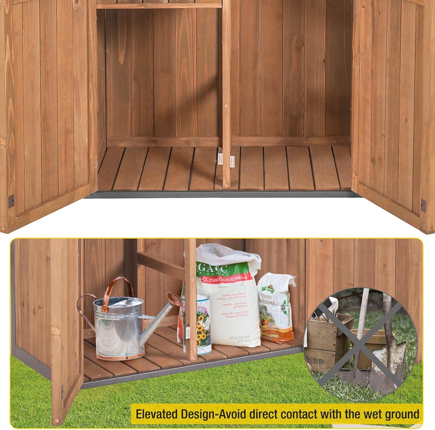 Aivituvin Storage Shed Outdoor with All-Around Strong Metal Frame Wooden Tool Cabinet with Double Doors